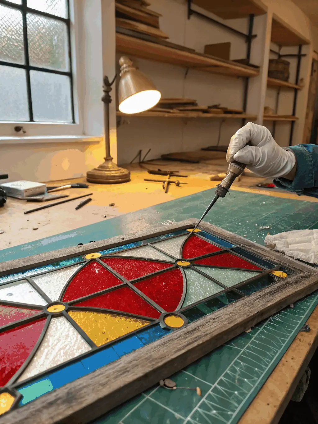 A detailed close-up photograph of a skilled artisan repairing a stained-glass window in the historic church of Les Mars.
