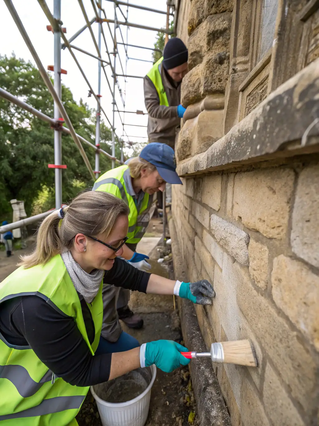 A photograph capturing volunteers cleaning and restoring an old stone wall, showcasing the hands-on effort in preserving local heritage in Les Mars.