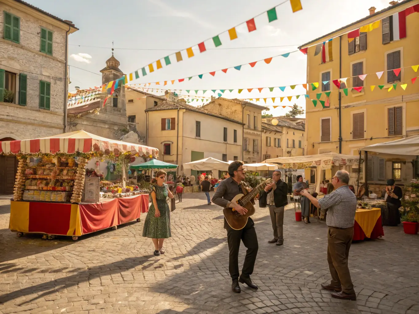 A vibrant image of a community event celebrating local heritage, featuring traditional music, dance, and food. The event takes place in a historic square in Les Mars, with residents and visitors participating.
