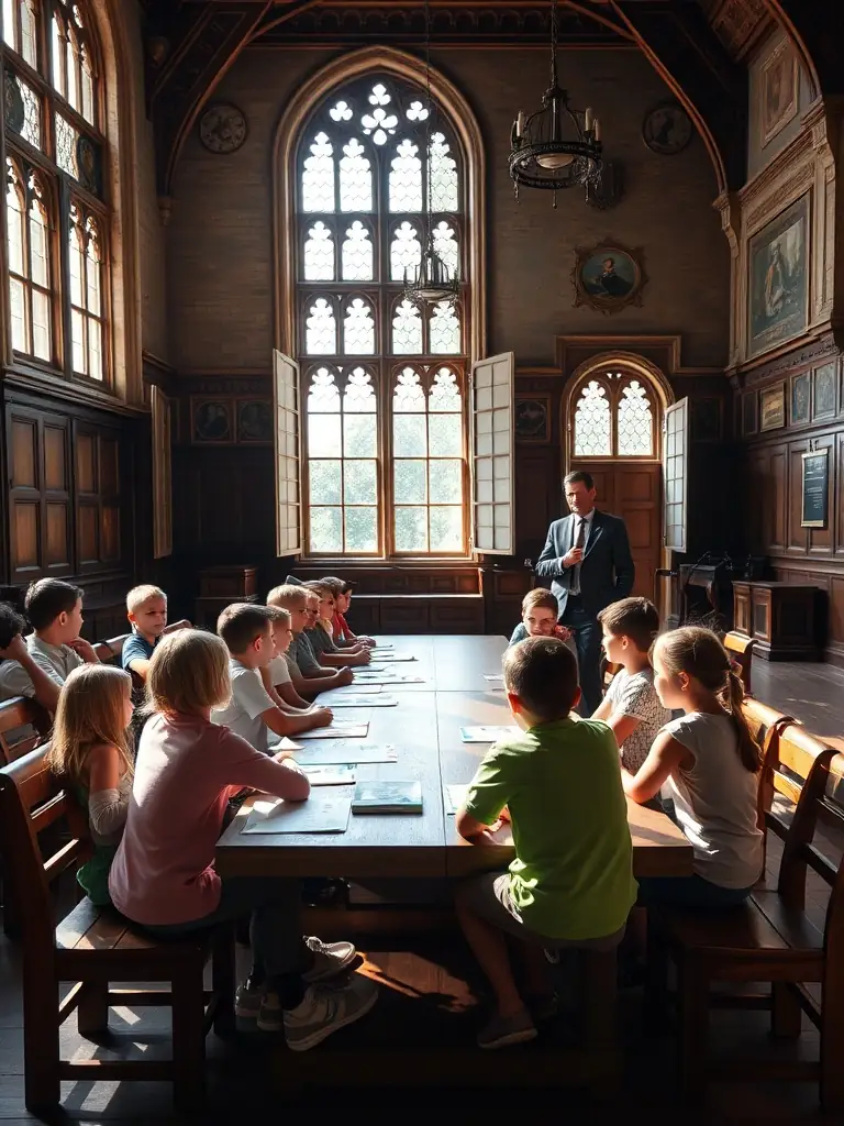 A wide shot of a group of children participating in an educational workshop about the history of Les Mars, held in the local museum.