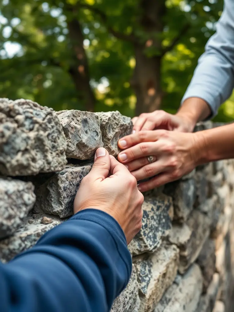 A photograph of volunteers restoring a centuries-old stone wall in Les Mars, showcasing the community's active participation in heritage preservation.