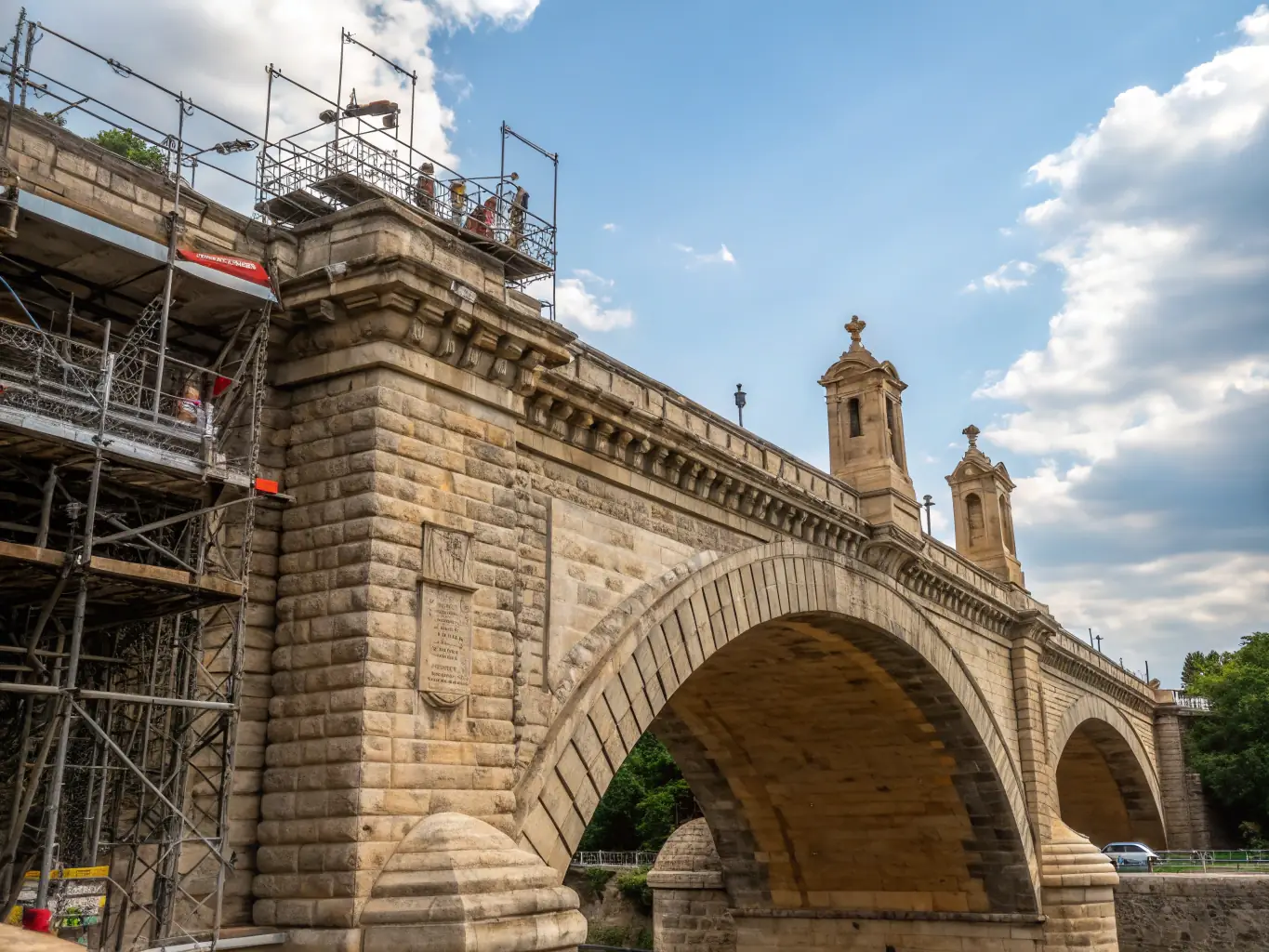 A photograph depicting the restoration of an ancient stone bridge in Les Mars, showcasing the intricate work and dedication of the conservation team.