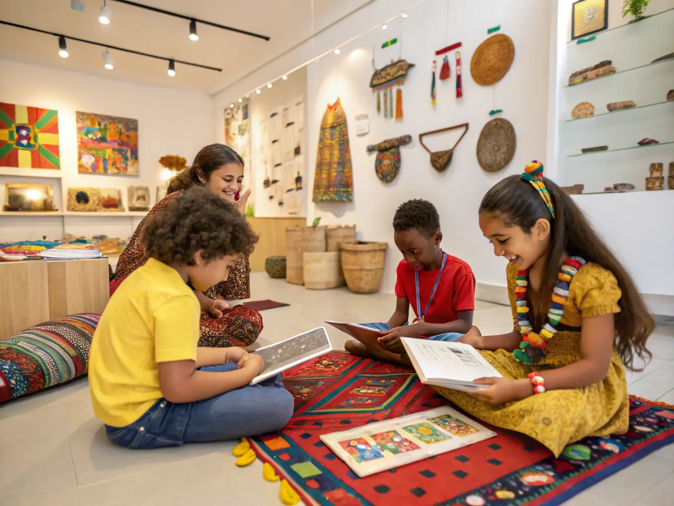 A photograph of a group of children participating in a heritage education workshop, learning about local history and traditional crafts. The setting is a historic site in Les Mars, with educational materials and artifacts visible.