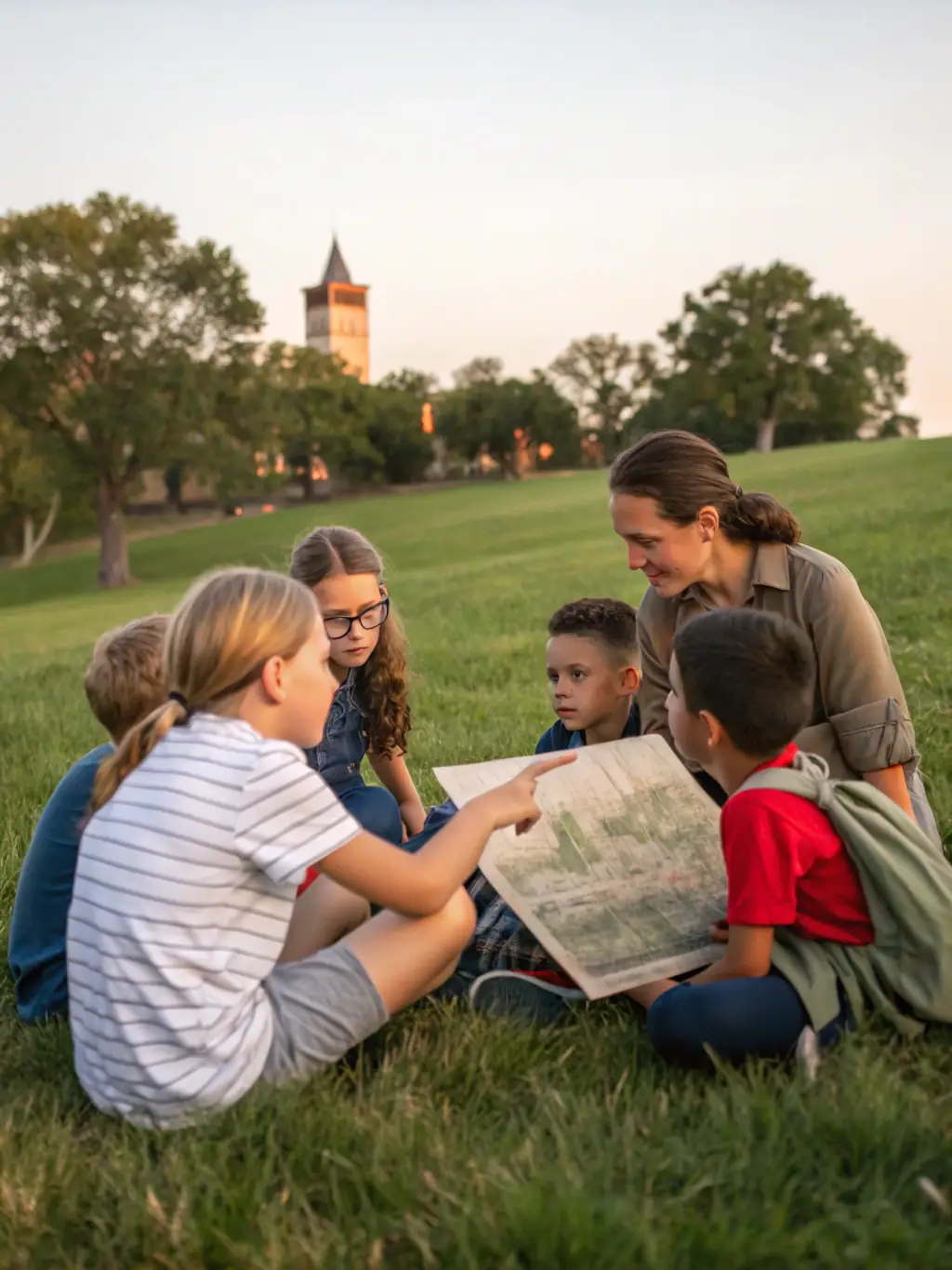 A picture of children participating in a heritage education program, learning about the history and significance of local landmarks in Les Mars.