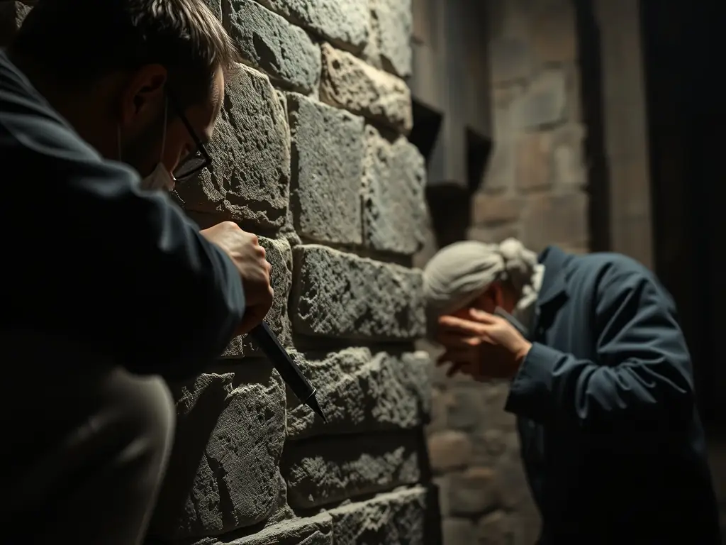 An image showing a team of volunteers restoring a historic building in Les Mars, France, with traditional tools and techniques. The scene captures the dedication and collaborative spirit of the conservation effort.