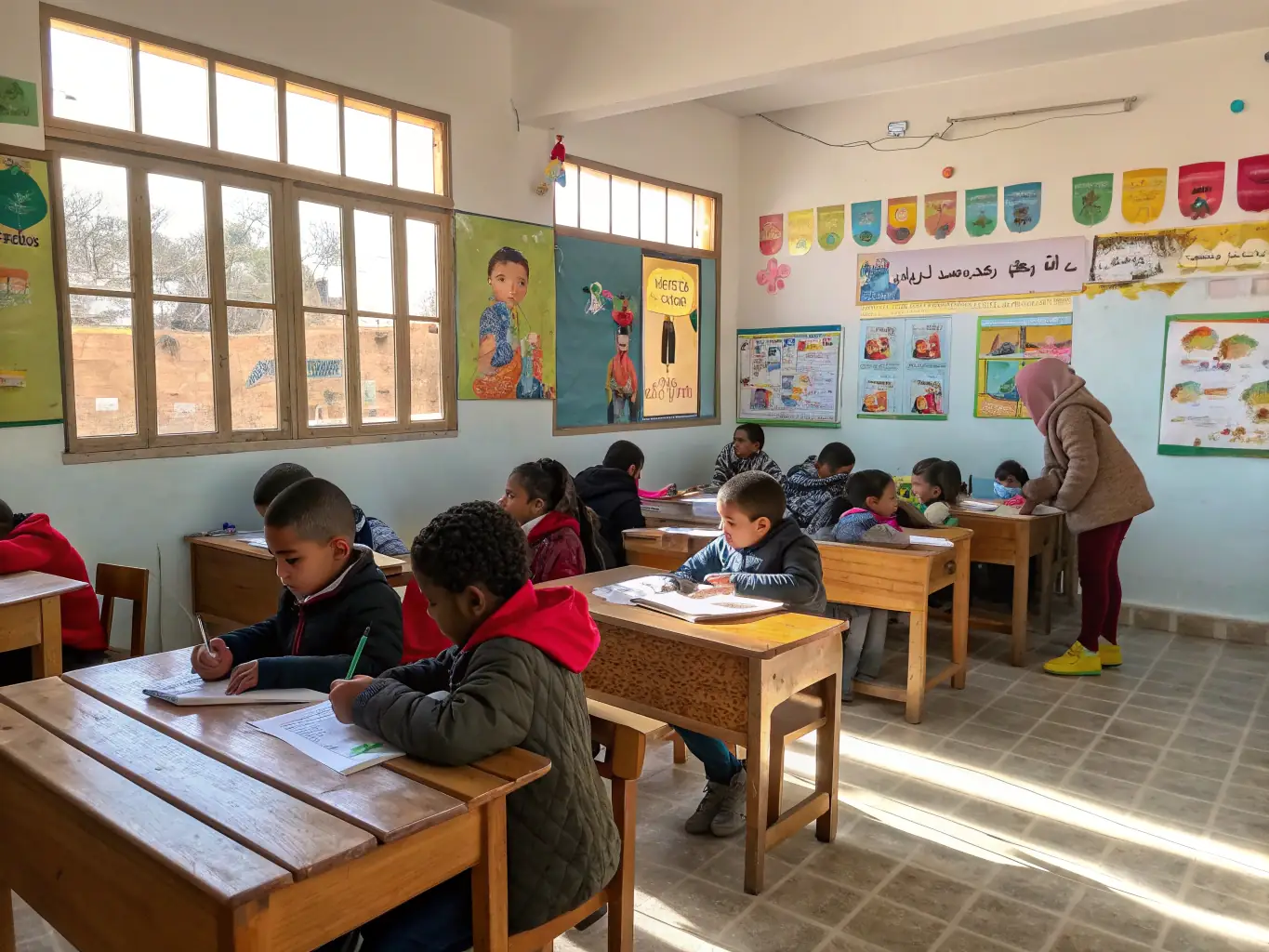 A classroom setting where children are learning about the history of Les Mars, illustrating the association's educational outreach.